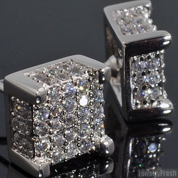 White Gold Finish Iced Out Box Stud Earrings