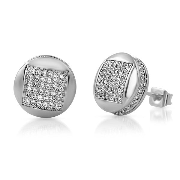 White Gold Finish Micropave CZ Iced Out Round Earrings