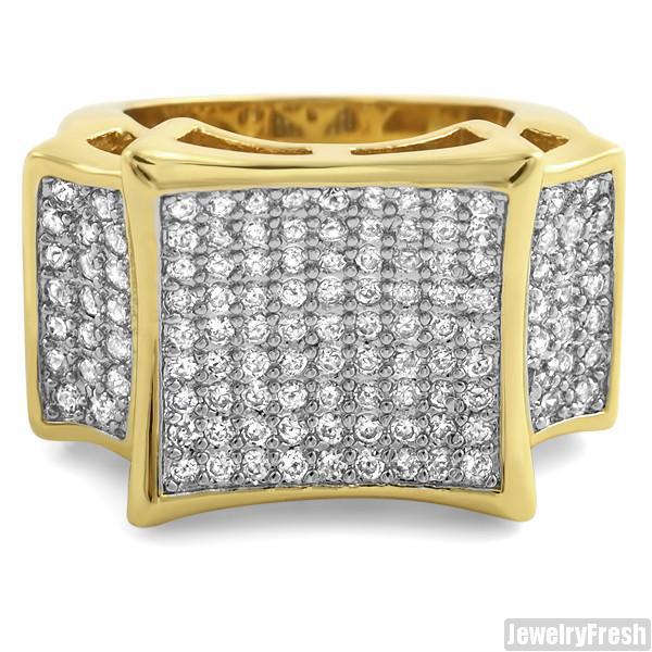 Gold Finish Large Kite Micropave CZ Mens Ring