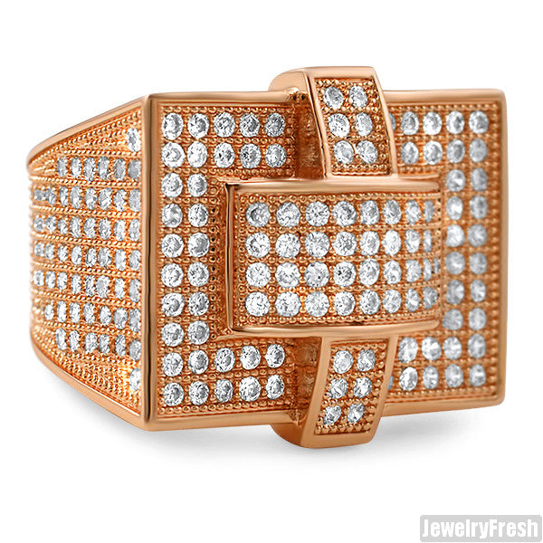 Large Rose Gold Cross Style 360 CZ Micropave Mens Ring