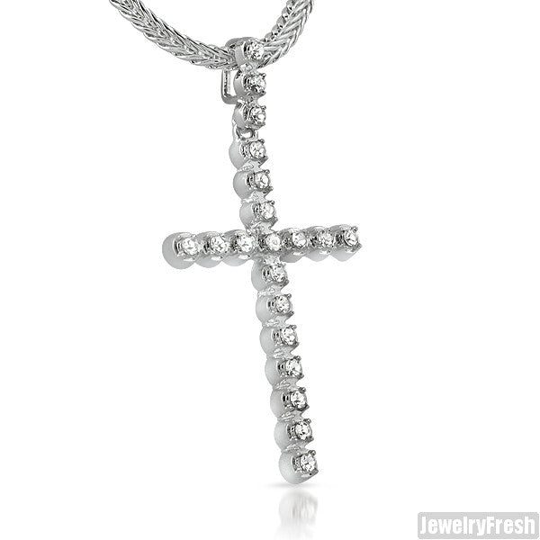 White Gold Finish Skinny Cross With Czech Crystals
