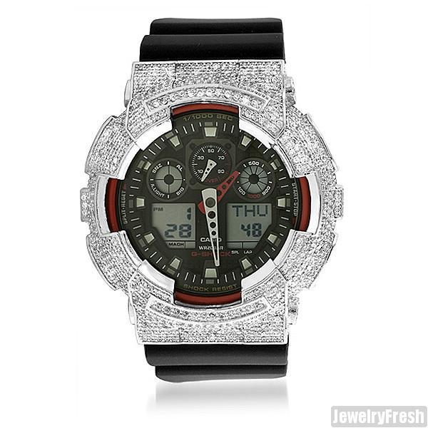 Rhodium Finish Custom CZ Casio G - Shock GA - 100 - JewelryFresh
